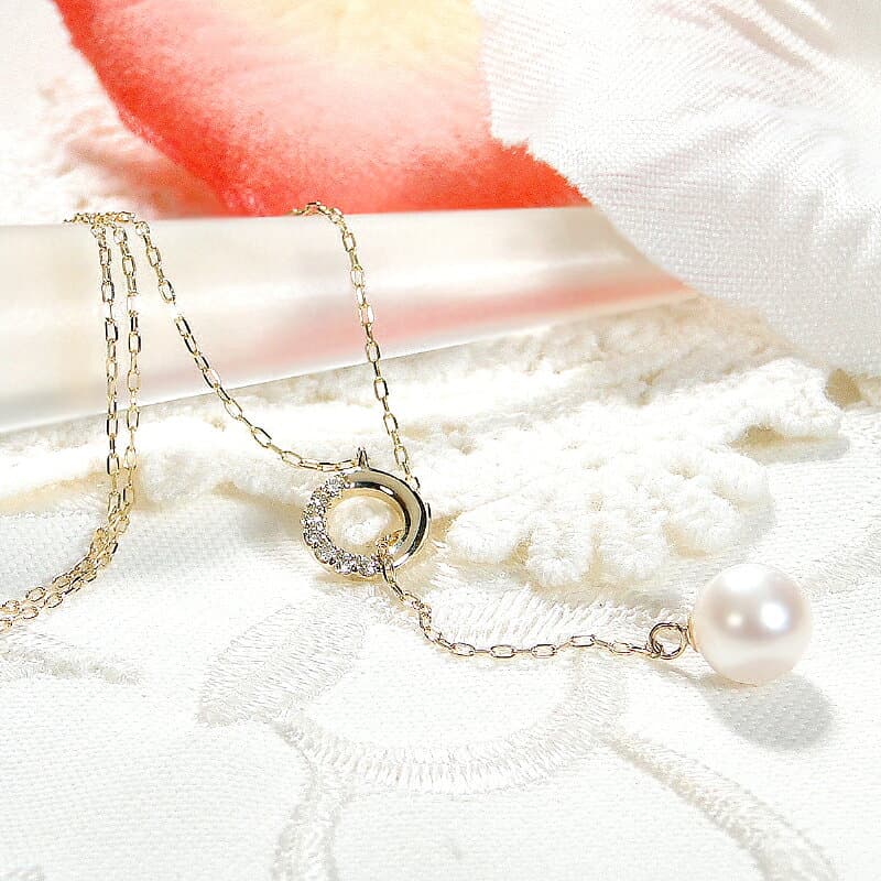 【ふるさと納税】＜ 甲府ジュエリー ＞ ネックレス ペンダント ダイヤモンド ジュエリー レディース アクセサリー 0.03ct K10 イエローゴールド あこや真珠 パール サークル 清楚 エレガント ラリエット風 ジュエリーケース付 保証書付 k337-004 thumbnail 2