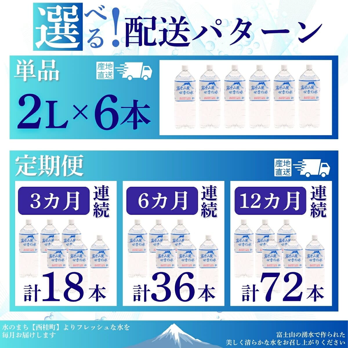 【ふるさと納税】 水 富士山麓 四季の水 2L(6本入) 1ケース 【選べる配送スタイル】単品・3ヶ月/6ヶ月/12ヶ月の定期便 富士山 の 天然水 を使用 ミネラルウォーター バナジウム お水 軟水 飲料 飲料水 ペットボトル 消 備蓄水 非常用 人気 おいしい 送料無料 山梨県 西桂町 thumbnail 2
