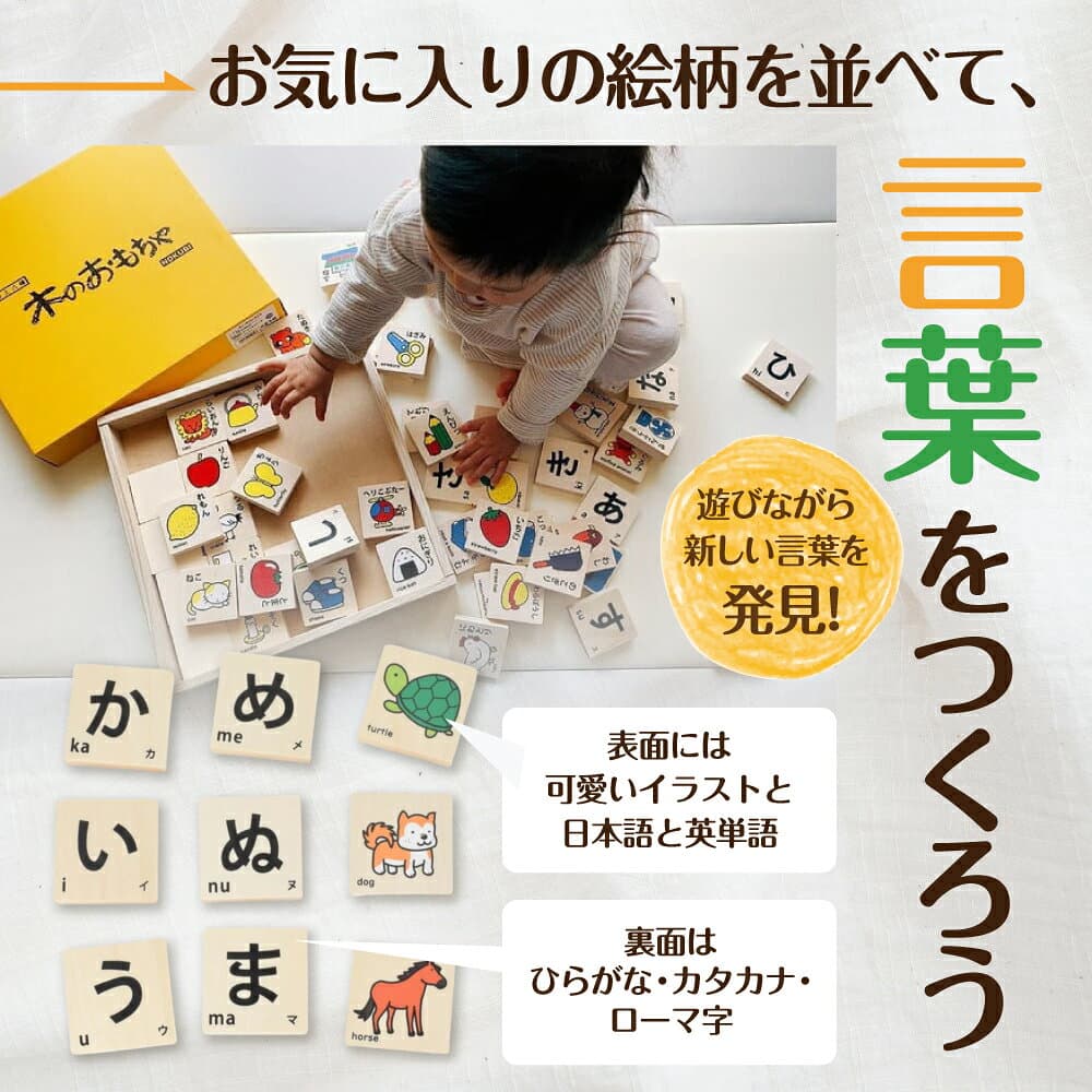 【ふるさと納税】あいうえお積み木 50ピースセット おもちゃ ベビー 積み木 カラフル 可愛い イラスト 絵 国産 国産木材 言葉遊び ひらがな カタカナ ローマ字 プレゼント ギフト 子供 キッズインテリア 木製 木のおもちゃ 知育玩具 木 1歳 2歳 3歳 4歳 5歳 岐阜県 郡上市 thumbnail 2