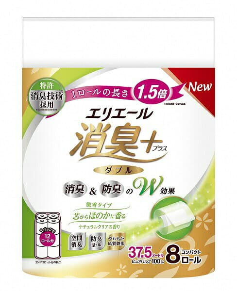 【ふるさと納税】エリエール 消臭＋ トイレットティシュー ほのかに香るナチュラルクリアの香り コンパクトダブル 【選べるロール数：64・96 ロール】　1.5倍巻 37.5m トイレットペーパー ダブル パルプ100％ 日用品 消耗品 備蓄 送料無料 静岡県 富士宮市 thumbnail 2