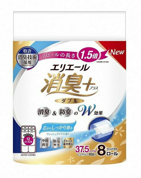 【ふるさと納税】エリエール 消臭＋ トイレットティシュー しっかり香るフレッシュクリアの香り コンパクトダブル 【選べるロール数：16・32・64・96 ロール】　1.5倍巻 37.5m トイレットペーパー ダブル パルプ100％ 日用品 消耗品 備蓄 送料無料 静岡県 富士宮市 thumbnail 2