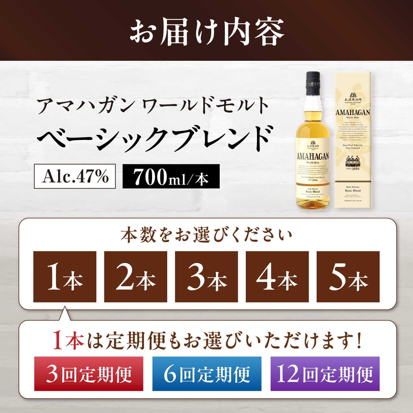 【ふるさと納税】【選べる本数/定期便】長濱蒸溜所 アマハガン ワールドモルト ベーシックブレンド 700ml アマハガン ウイスキー ウィスキー モルト 酒 洋酒 ハイボール 贈答 プレゼント ギフト 20000 2万 滋賀県長浜市/長浜浪漫ビール株式会社 [AQBX003] thumbnail 3
