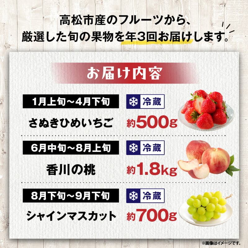【ふるさと納税】【3回お届け】高松市自慢のフルーツ定期便【A】 | 果物 フルーツ 定期便 いちご 桃 シャインマスカット さぬきひめ さぬきひめいちご 香川の桃 マスカット デザート スイーツ 香川県 高松市 thumbnail 2