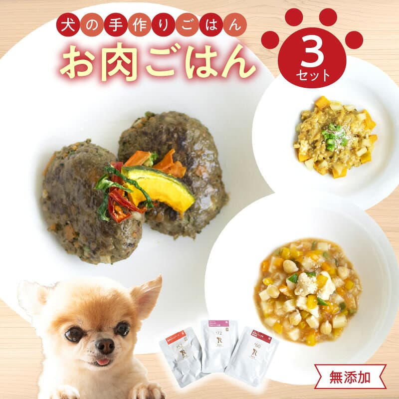 【ふるさと納税】ドッグフード 無添加 お肉ごはん3点セット 【犬の手作りごはん】 ペットフード 愛犬 お肉 無添加 セット 鹿肉 チキン 豚肉 手作り 高タンパク レトルト R15005