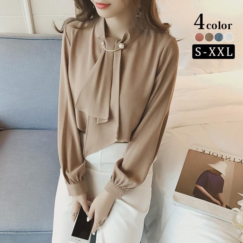 ブラウス レディース ボウタイ スカーフ タイ スーツ インナー トップス 長袖 透けにくい 大きいサイズ 小さいサイズ 通勤服 大人 会社 オフィス ビジネス