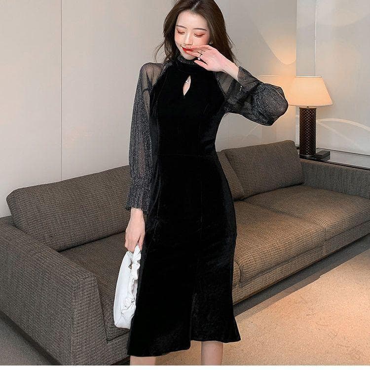 パーティードレス 結婚式 お呼ばれドレス 袖あり シースルー袖 長袖 黒 ミモレ丈 ミディアムドレス ワンピース フォーマル スタンドカラー 大きいサイズ 3L 上品で華やかなデザイン 通年対応のフォーマルスタイル