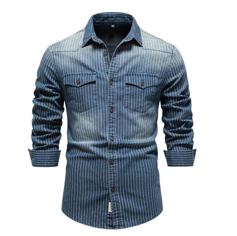 ◆全品2点16％off◆デニムシャツ 長袖 メンズ ストライプ 長袖シャツ ストーンウォッシュ トップス アメカジ ウエスタン 細身 スリム 通勤 通学 春秋 冬 オールシーズン 紳士 シャツジャケット コットン ワークシャツ 男性用 カジュアル メンズファッション 人気 シンプル thumbnail 2