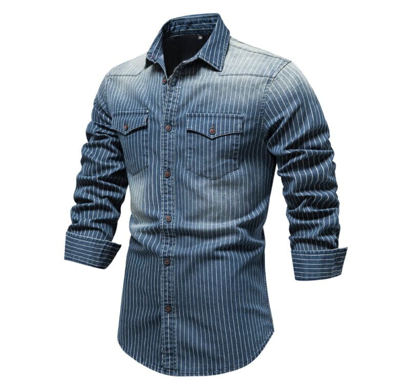 ◆全品2点16％off◆デニムシャツ 長袖 メンズ ストライプ 長袖シャツ ストーンウォッシュ トップス アメカジ ウエスタン 細身 スリム 通勤 通学 春秋 冬 オールシーズン 紳士 シャツジャケット コットン ワークシャツ 男性用 カジュアル メンズファッション 人気 シンプル thumbnail 3