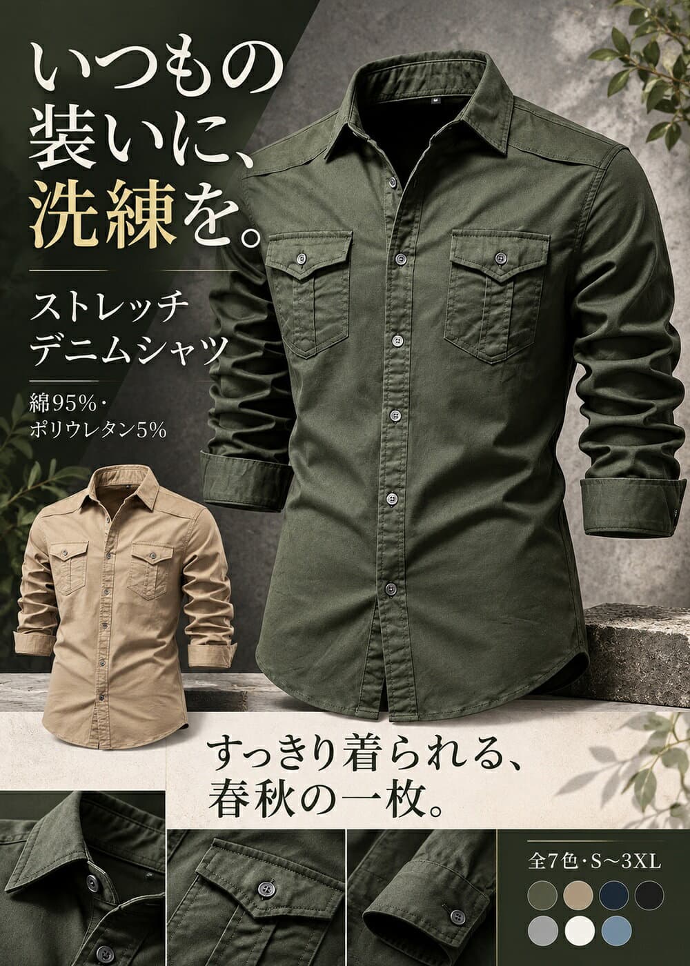 ◆全品2点16％off◆デニムシャツ メンズ 長袖 ストレッチ 綿95％ 無地 スリム シャツ カジュアル 前開き ボタン 襟付き 胸ポケット 春 秋 羽織り ストレッチシャツ コットンシャツ カジュアルシャツ ボタンシャツ 長袖シャツ 重ね着 休日 旅行 トップス メンズシャツ thumbnail 2