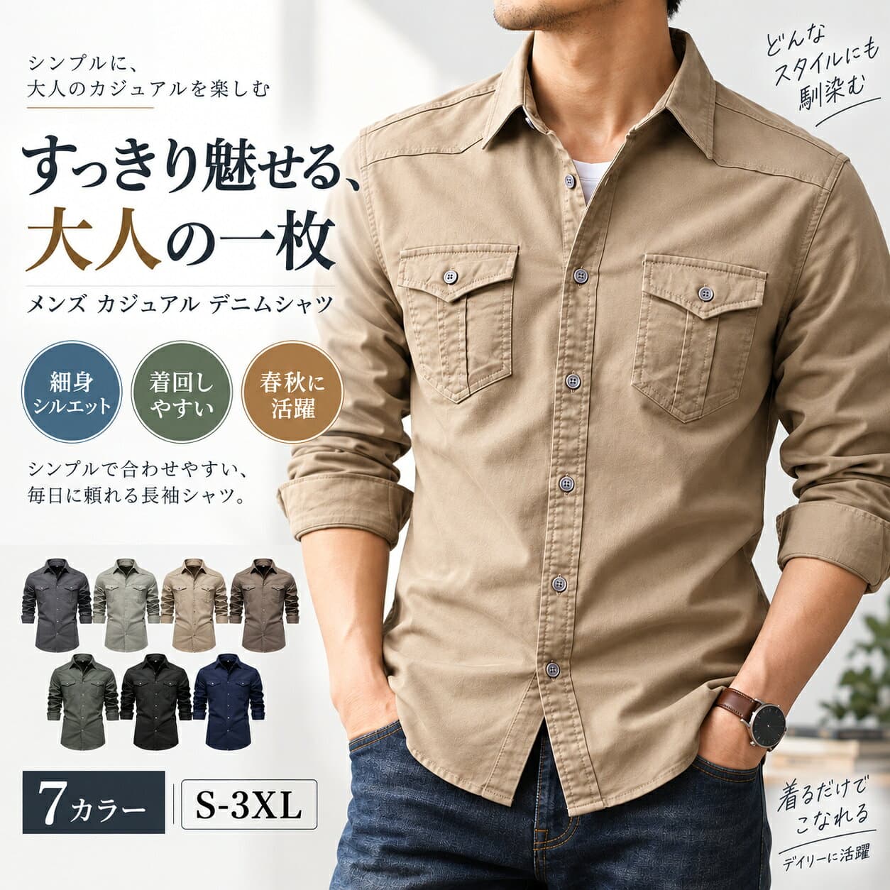 ◆全品2点16％off◆デニムシャツ メンズ 長袖 ストレッチ 綿95％ 無地 スリム シャツ カジュアル 前開き ボタン 襟付き 胸ポケット 春 秋 羽織り ストレッチシャツ コットンシャツ カジュアルシャツ ボタンシャツ 長袖シャツ 重ね着 休日 旅行 トップス メンズシャツ