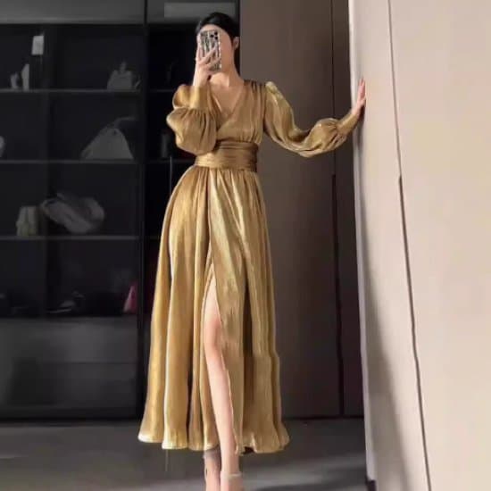 【取寄】パーティードレス レディース 結婚式ドレス 演奏会ドレス ロングドレス ワンピースドレス ロングワンピース Vネック ハイウエスト 光沢 長袖 ボリューム袖 きれいめ エレガント お呼ばれ フォーマル