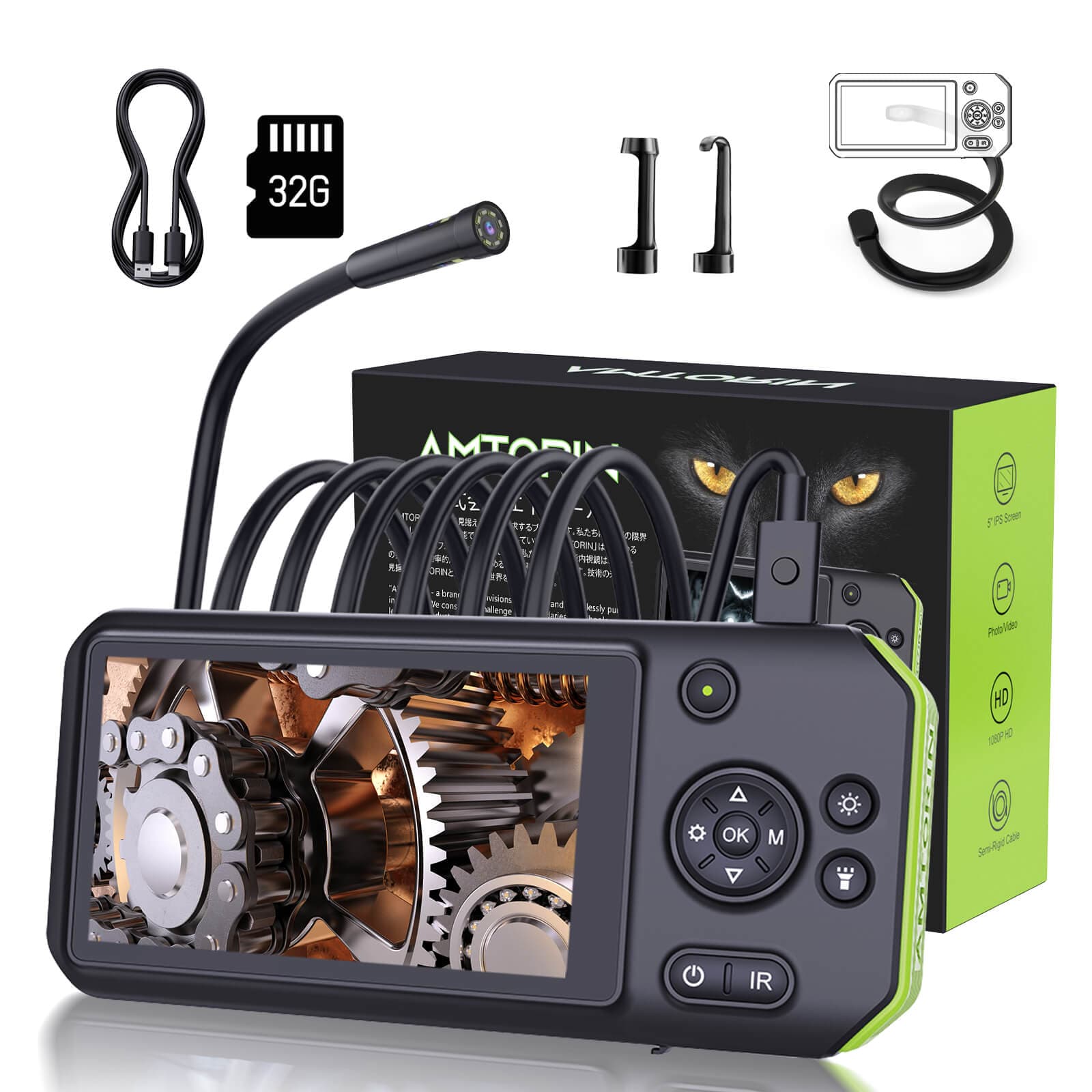 AM500ファイバースコープ カメラ 5インチIPSモニター 写真とビデオ機能有る ケーブルを交換することができます 直径種類 3.9mm/5mmダブルカメラ/8mm3つカメラ/8.5mmナイトビジョン パイプ検査、エアコンの清掃および点検、自動車の点検、機械内部の検査などに使用できます