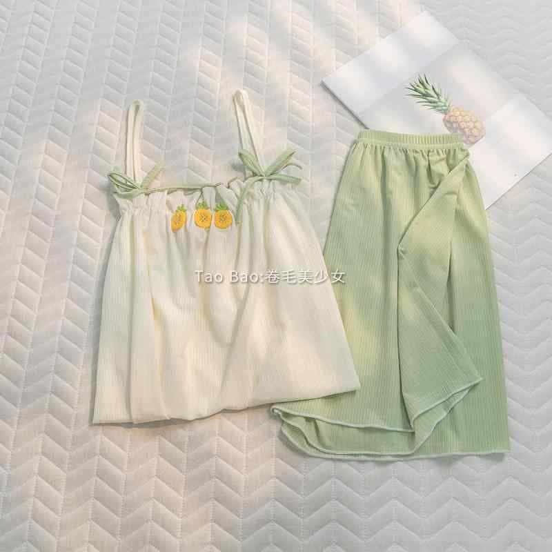 キャミソール パジャマ ショートパンツ セット レディース 春夏 ルームウェア リボン ギャザー 刺繍 ひんやり かわいい パイナップル 大きいサイズ