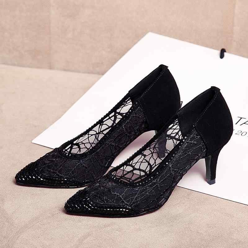 パンプス レディース メッシュ レース ラインストーン ハイヒール 浅履き カットアウト 通気性 ポインテッドトゥ チャンキーヒール 羊革 春夏 普段使い