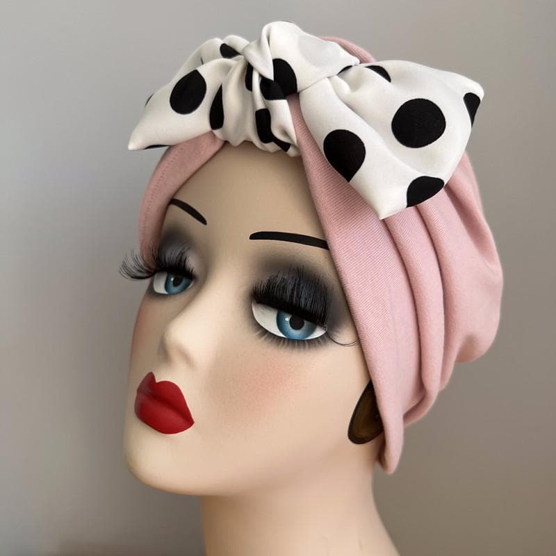 安眠グッズ プレゼント 帽子 ターバン 綿 通気性 ストレッチ 柔らかい 快適 就寝 ナイトキャップ マタニティ 入院 産後 脱毛 手術後 ケア 白髪 薄毛隠し おしゃれ ガーリー カジュアル リボン 水玉 ピンク 白