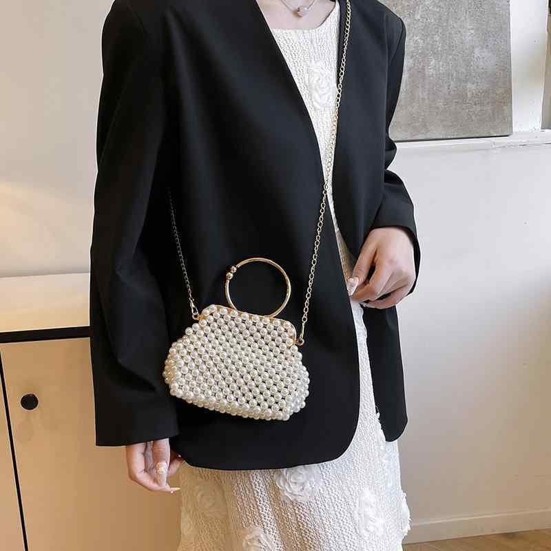 パーティーバッグ レディース ハンドバッグ 手編み パール ビーズ刺繍 シェル型 クラッチバッグ レトロ チャイナドレス 結婚式 披露宴 二次会 花嫁 ブライズメイド PVC 上品 華やか ホワイト シルバー ゴールド