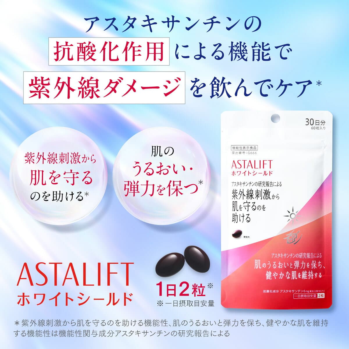 アスタリフト サプリメント ホワイトシールド 30日分 60粒 [機能性表示食品]【FUJIFILM 公式】| サプリ アスタキサンチン 紫外線 紫外線対策 UVケア ケア uv リコピン コラーゲン ビタミンC ビタミンE 乾燥 富士フイルム ASTALIFT thumbnail 3