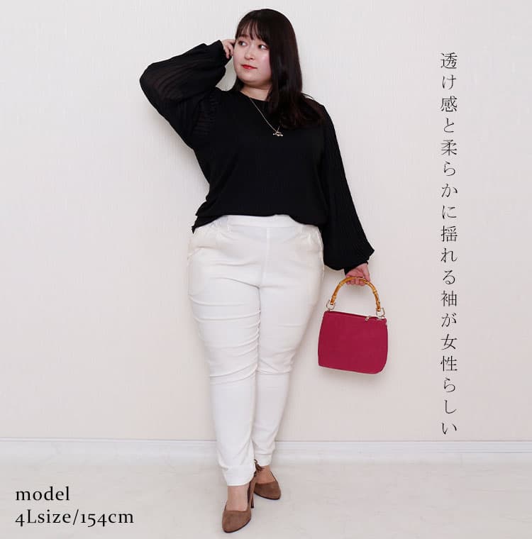 大きいサイズ レディース トップス シャツ ブラウス 袖シフォンプリーツリブニットシャツ シフォン プリーツ袖 プリーツ 長袖 リブ袖 ストレッチ ボリューム袖 シアー 透け感 クルーネック ストライプ柄 通勤 秋新作 春服 秋服 LL 2L 3L 4L 5L 白 黒 オフホワイト ブラック thumbnail 3