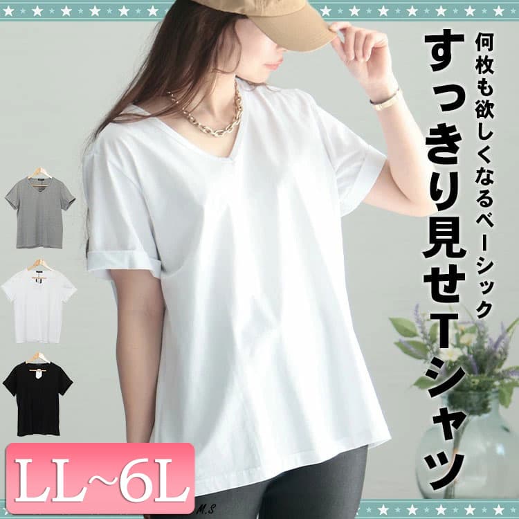 大きいサイズ レディース トップス カットソー Vネック半袖Tシャツ Vネック Tシャツ 半袖トップス 半袖 半そで ベーシック シンプル ルーム カジュアル 韓国 韓国ファッション 春新作 春服 夏服 秋服 LL 2L 3L 4L 5L 6L ブラック 黒 ホワイト 白 グレー ゴールドジャパン thumbnail 2
