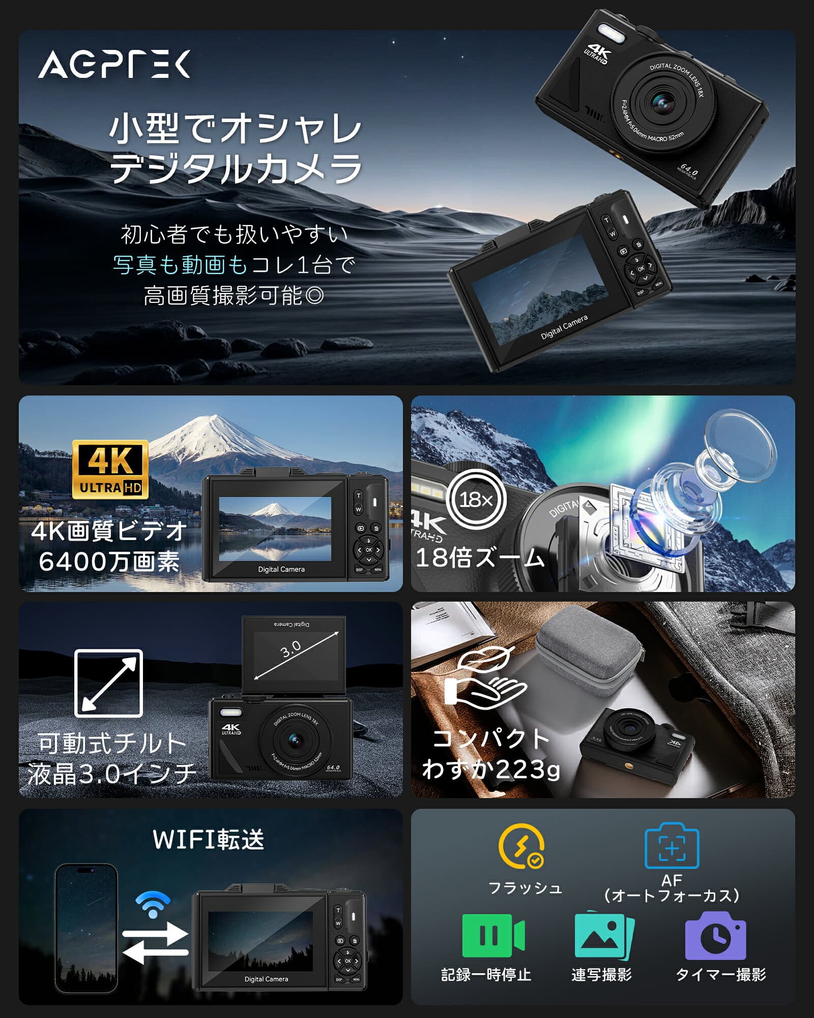 【コスパ最高★カメラケース付き！1年保証あり】 デジタルカメラ 4K 動画撮影 カメラ 6400万画素 wifi 180度モニター 3.0インチ 18倍ズーム 手振れ補正 AF フラッシュ デジカメ 卒業 修学旅行 VLOG 誕生日 クリスマスプレ ゼント コンパクト ビデオカメラ 初心者 32GB カメラ thumbnail 2