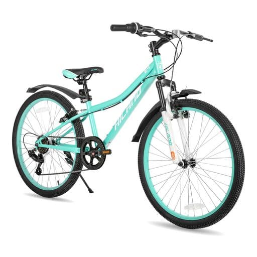 HILANDクロスバイク24インシマノ製7段変速フロントサスペンション自転車スポーツ通勤通学泥除けキックスタンドブラックブルーグリーンピンク