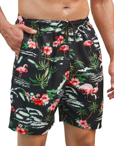 メンズビーチパンツボードショーツボードパンツメンズショートパンツ夏ビーチプール海パンオシャレ黒赤ブラックレッド花花柄ココヤシヤシの木S