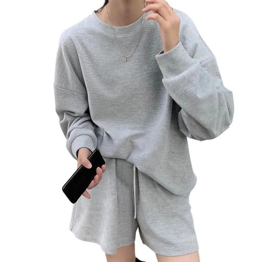 [H2four]スウェットジャージレディースルームウェア上下セット部屋着ワッフル生地長袖丸首ショートパンツゴムウエストポケット付きゆったり着痩せ体型カバーシンプルカジュアル無地薄…