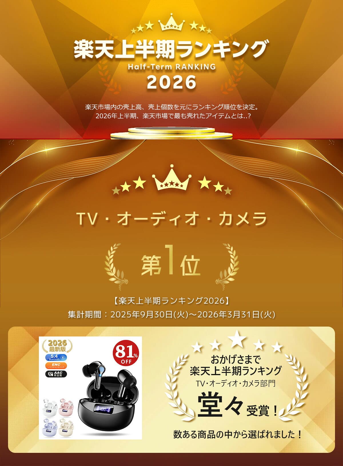 楽天ランキング1位＼81%OFF＆P2倍で2,174円！／2024年間MVP ワイヤレスイヤホン bluetoothイヤホン 残量表示 Bluetooth6.0 ENC ノイズキャンセリング 自動ペアリング 36H連続再生 Type‐C急速充電 IPX7防水 AAC対応 マイク内蔵 iPhone/Android 旅行 thumbnail 2