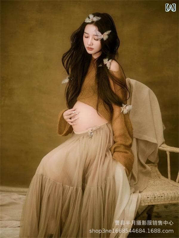マタニティフォト ドレス レディース スタジオ撮影 自宅撮影 前撮り セルフフォト フレンチレトロ 韓国風 高級感 エレガント ロマンチック ロング丈 シフォン素材
