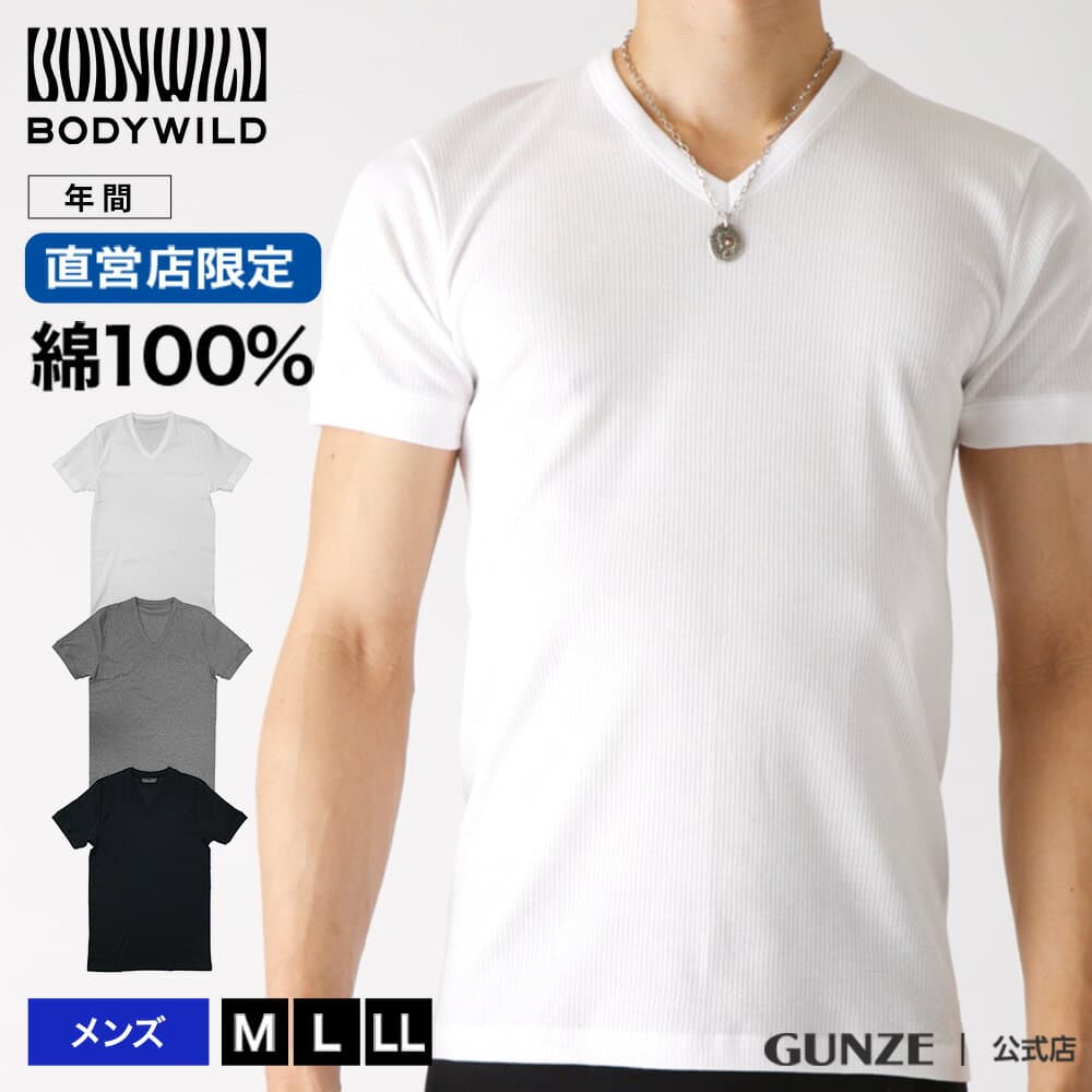 グンゼ Vネック Tシャツ メンズ 年間 紳士 半袖 インナーシャツ 肌着 下着 ボディワイルド メンズ 綿100% 直営店限定 リブ シャツ シンプル 人気 GUNZE BODY WILD BWB315U M-LL