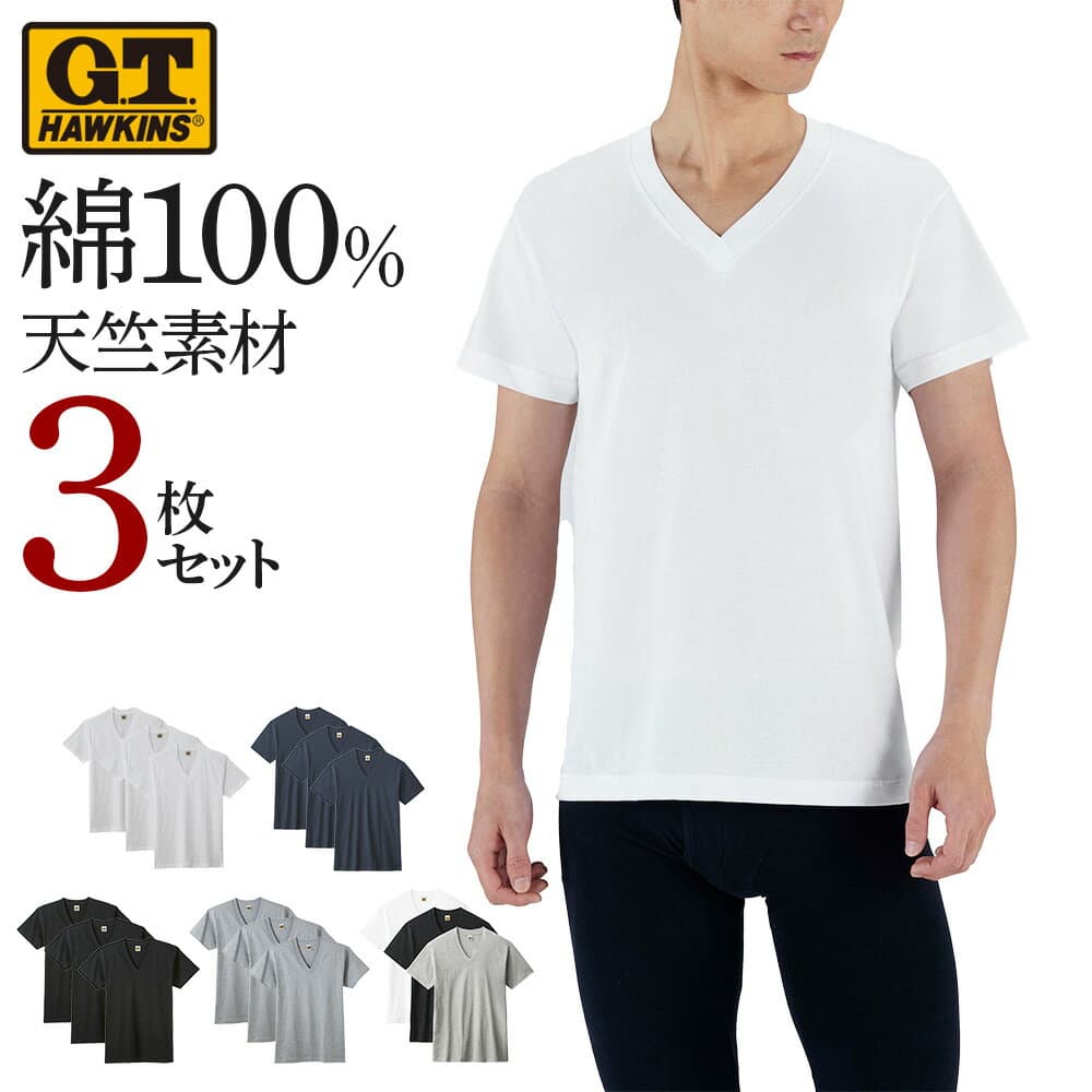 【SALE】ホーキンス Vネック Tシャツ 3枚セット メンズ 紳士 半袖 シンプル 無地 カジュアル パックT 3P V首 インナーシャツ 天竺 肌着 綿100 コットン HK15153 M-LL グンゼ G.T.HAWKINS