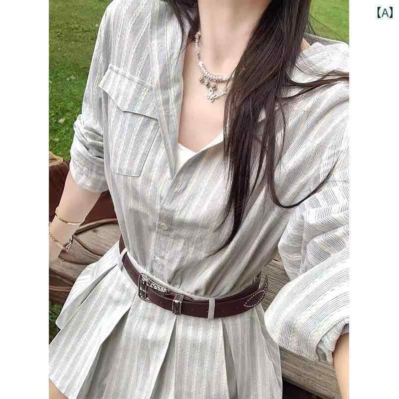 シャツワンピース ショート丈 かわいい 女性用 ストライプシャツ ドレス 2025新 スタイル カレッジ 長袖 シャツ ウエスト スリム プリーツ ショート スカート