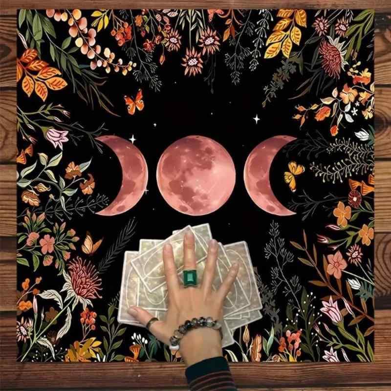 タロットクロス ブラッドムーン 月相 花柄 植物柄 正方形 布マット 部屋飾り 寮飾り 室内装飾 インテリア ポリエステル製 北欧風デザイン マルチカラー