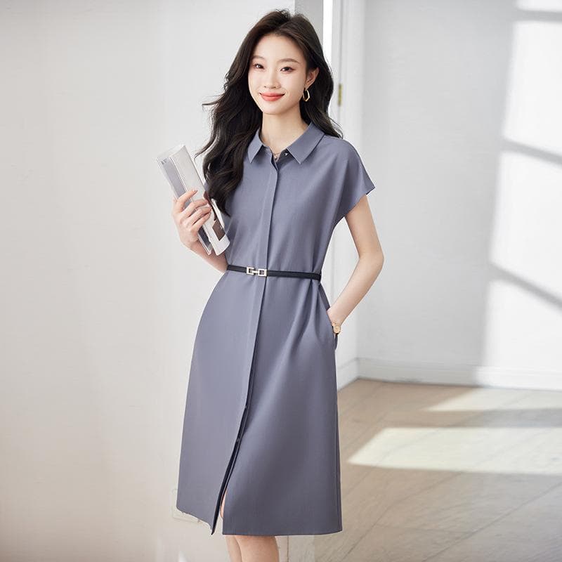 ワンピース レディース オフィス ビジネス 通勤 フォーマル テーラード 半袖 Aライン ミディ丈 上品 エレガント ポリエステル シワになりにくい 無地 春夏