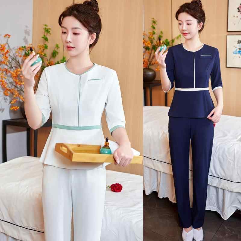 ユニフォーム レディース エステ 制服 上下セット マッサージ 整体 スキンケア 美容師 産後ケア 形態安定 イージーケア ポリエステル レーヨン ポリウレタン 白 グリーン ネイビー ポケット付き