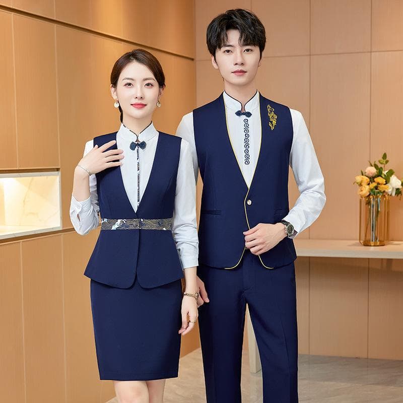 ユニフォーム 男女兼用 ベスト セットアップ 刺繡 ジレ ポリエステル ポリウレタン サービス業 オフィス ビジネス 制服 仕事服 Vネック