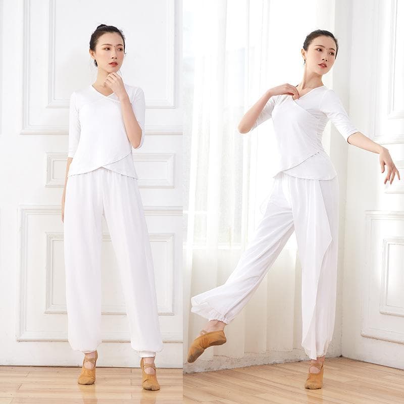ダンスウェア レディース 大人用 ホワイト シフォン モダール 軽やか 優雅 ドレープ 透け感 古典舞 モダン 舞台衣装 練習着 ヨガウェア フィットネス ダンススポーツ