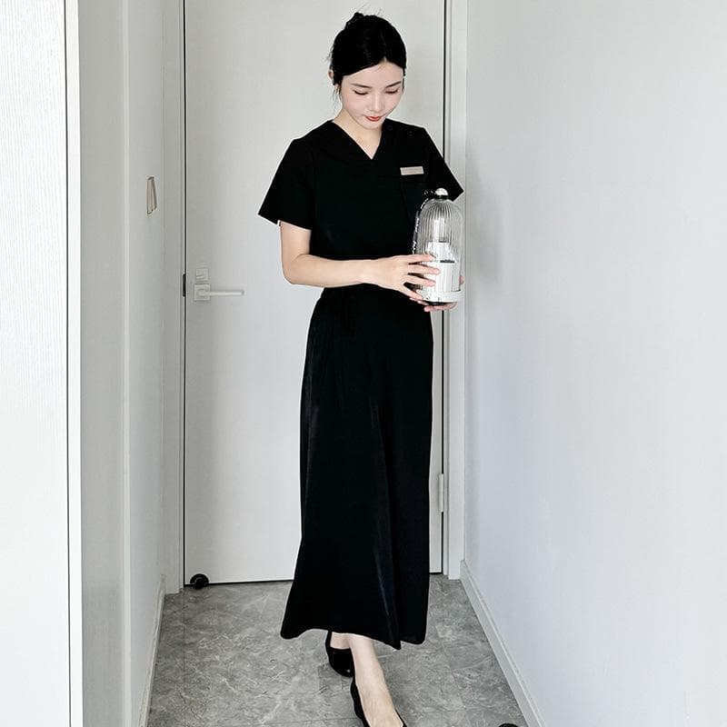 ユニフォーム レディース 美容師 エステティシャン 施術着 高級感 半袖 キュロット スカートパンツ セットアップ 制服 春夏 ブラック ポリエステル アセテート