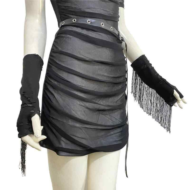 アームカバー 男女兼用 欧米風 パンクスタイル バイク ストリート ハラジュク ハーフフィンガー 指なし フリンジ 黒 ブラック UVカット 紫外線対策 機能性