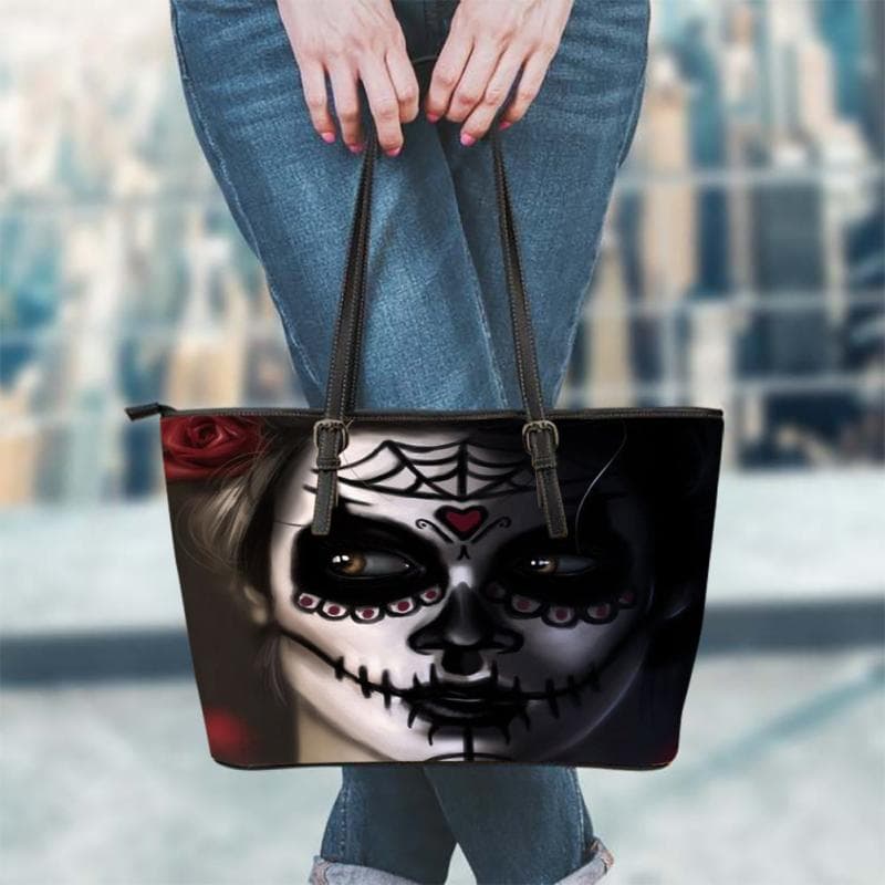 トートバッグ レディース PUレザー 横型 スクエア型 花 美女 スカル アートプリント カジュアル ファスナー開閉 中型 ソフトハンドル 内ポケット 外ポケット 柔らかな素材感