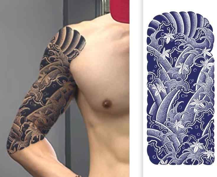 タトゥーシール ステッカー 和彫り風 男性向け ハーブ ボディアート 花 フラワー 藍色 ネイビーブルー 青 防水 メンズ 長持ち ダーク 模擬 タトゥー 刺青 入れ墨 ヤンチャ ギャング 憧れ ストリート お試し