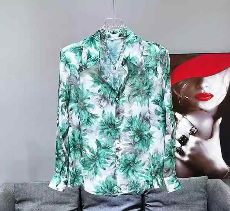 花柄 シャツ 男性服 柄シャツ ハイファッション 白 緑 グリーン フラワー ハイエンド ストリート メンズ 春夏 カジュアル 薄手 ゴールド スタンピング キラキラ トップス 羽織り