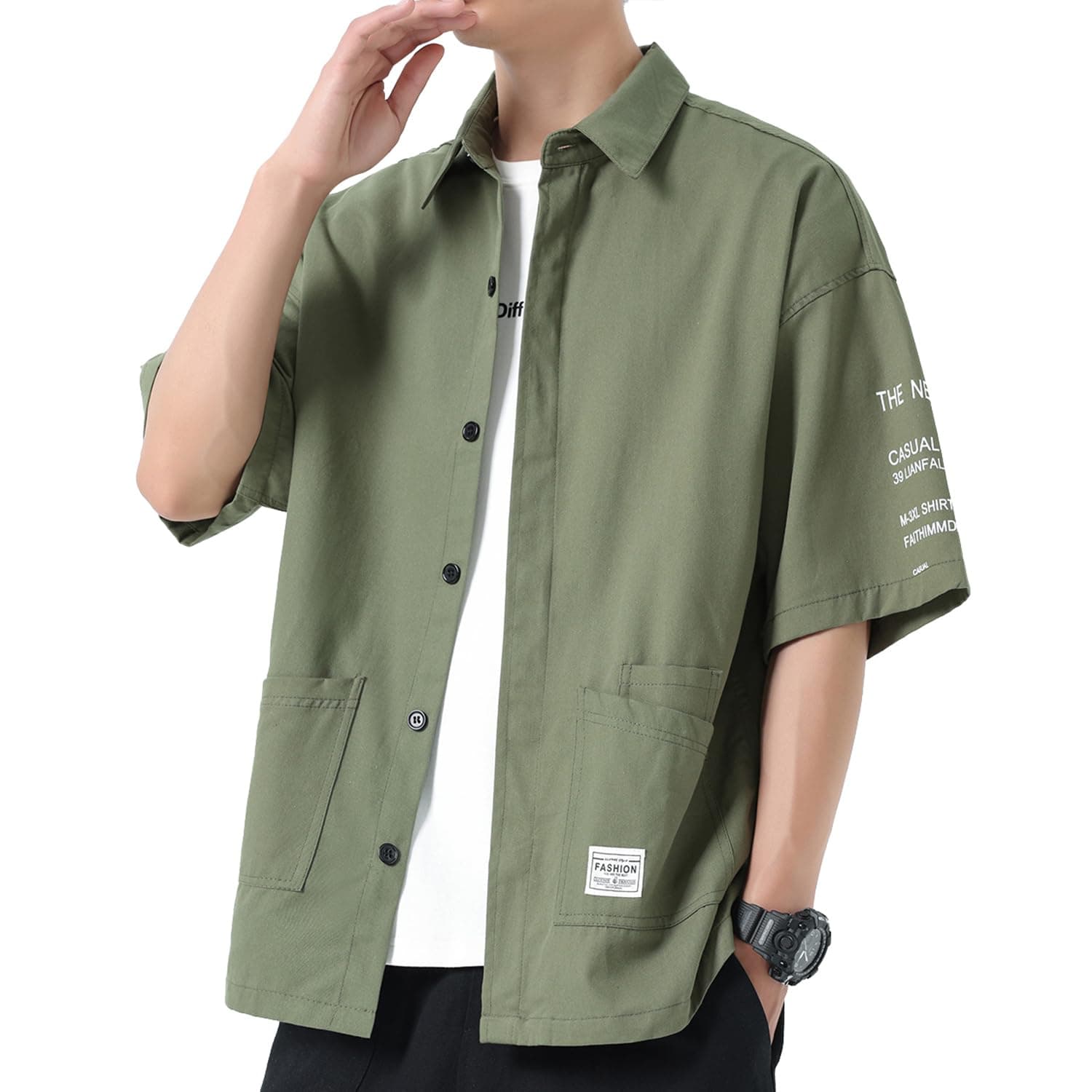 【送料無料】[FUZHIHUA] 夏服 シャツ メンズ 半袖 五分袖 吸汗速乾 通気性 汗染み防止 快適な 柔らかい かっこいい ワイシャツ カジュアル シンプル オシャレ 人気 春夏秋 対応 色：#003：グリーン、サイズ：2XL