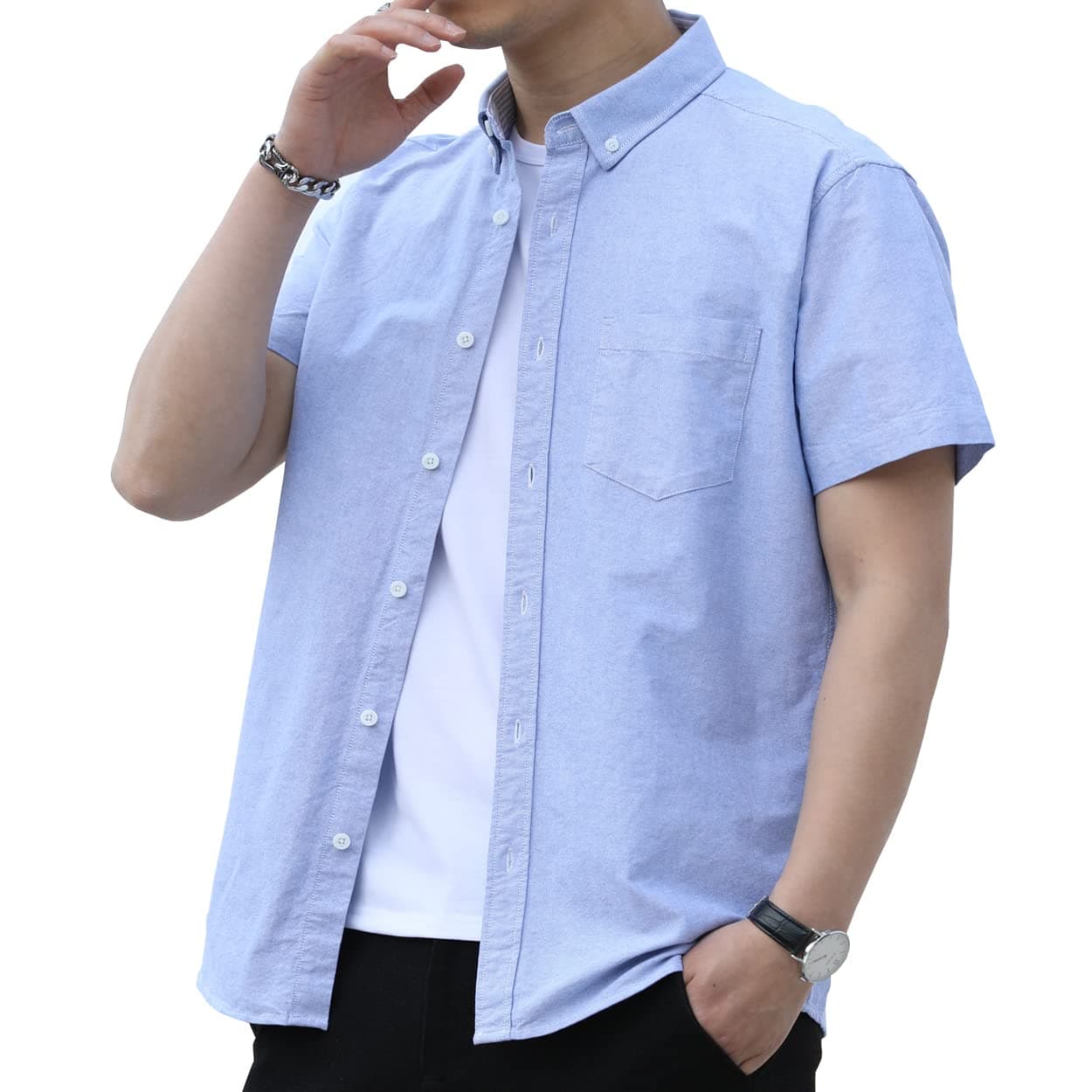 【送料無料】[DIKAO] シャツ メンズ 長袖 半袖 オックスフォードシャツ カジュアル ベーシック カラー 無地 コットン 大きいサイズ 春 夏 秋 冬 メンズ シャツ 色：ブルー（半袖）、サイズ：XL