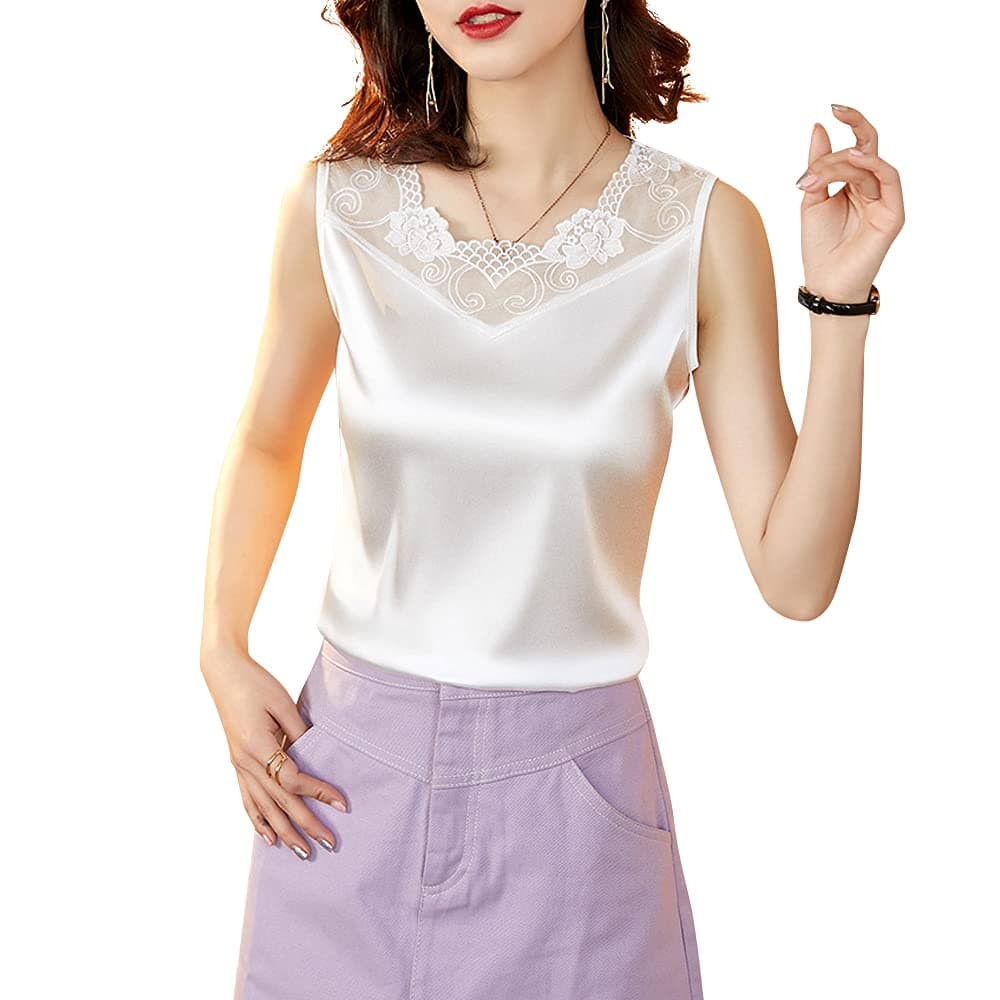 【送料無料】[Phorecys] タンクトップ レディース サテン ノースリーブ ブラウス インナー キャミソール 光沢感 レース 無地 おしゃれ 色：ホワイト、サイズ：M