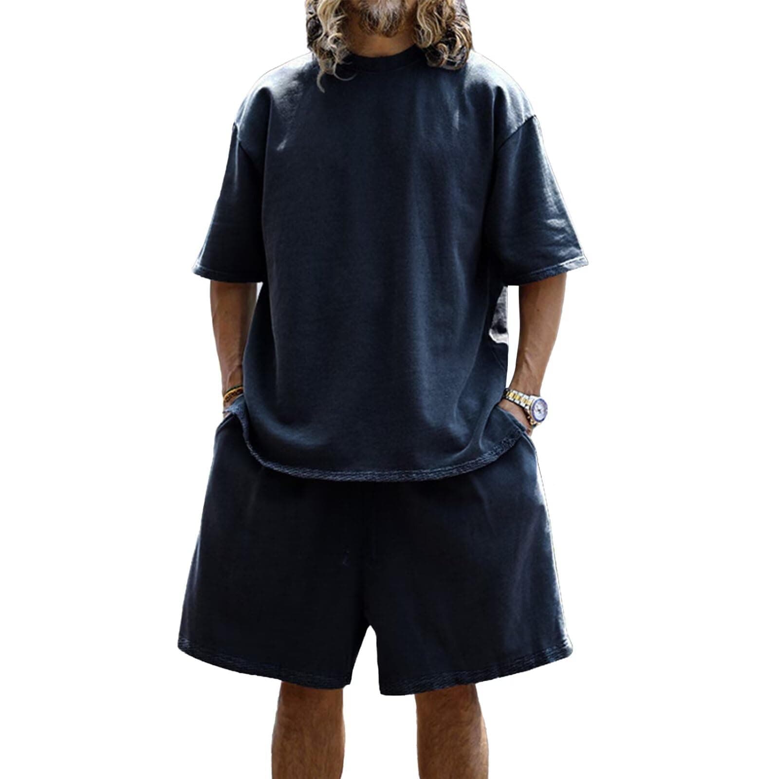 【送料無料】[Anmurye] ジャージ上下セット オーバーサイズ 半袖 メンズ 夏服 Tシャツ+ショートパンツ ランニング トレーニング 快適 ポケット付き ウエスト 無地 調整可能 通気 カジュアル ストレッチ 上下スウェット 色：ネイビー、サイズ：L