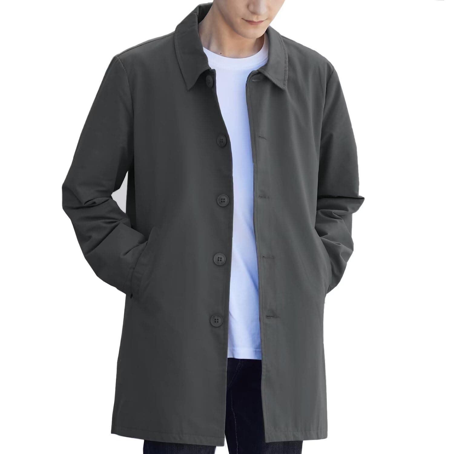 【送料無料】[VICALLED] [ビカルド] トレンチコート メンズ ジャケット ビジネスコート スプリングコート 秋 春 冬 おしゃれ ステンカラー ドロップショルダー 防風 無地 大きいサイズ 折り襟 スタンドカラー 色：ダークグレー、サイズ：2XL（=日本サイズL）