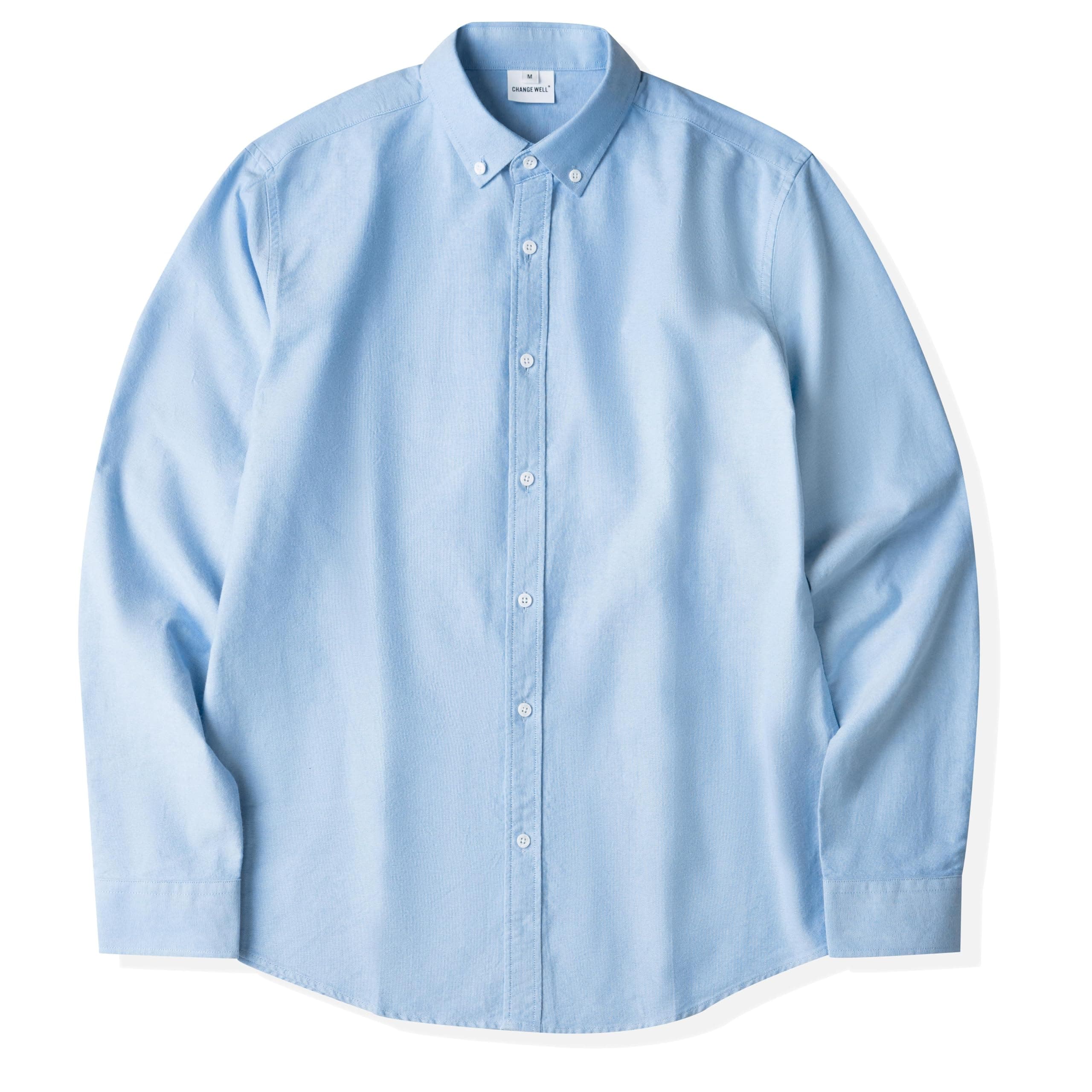【送料無料】[CHANGE WELL] メンズ 2025AW カジュアルシャツ ファッション 春秋服 100%コットン 長袖 ボタンダウンカラー オックスフォードシャツ 色：ブルー、サイズ：L