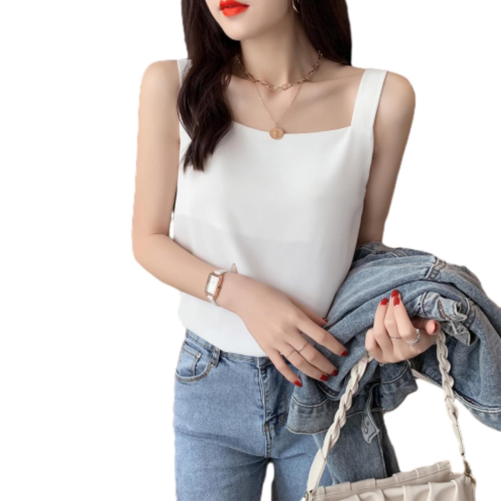 【送料無料】[MSFQSNB] タンクトップ レディース リブ インナー トップス 肌着 脇隠し スクエアネック 夏服 無地 キャミソール ヨガ おしゃれ ファッション セクシー カジュアル 着痩せ 人気 女の子 日常着 春 下 色：ホワイト、サイズ：L