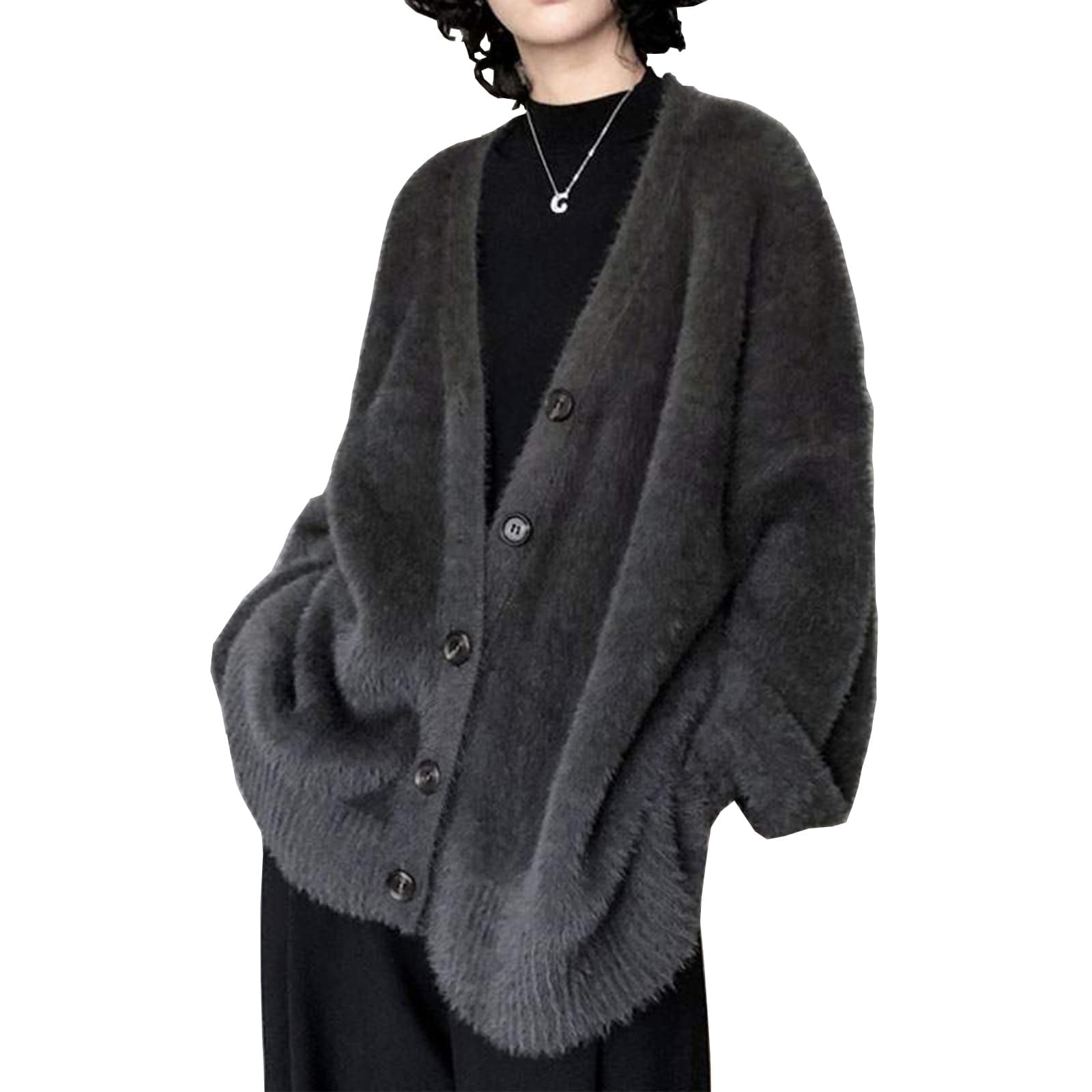 【送料無料】[RoyzTocz] カーディガン レディース モヘア風 アウター ニット トップス 羽織 vネック ゆったり 前開きボタン 体型カバー 大きいサイズ 保温 ふわふわ 可愛い カジュアル 厚手 通勤 春 秋冬 色：グレー、サイズ：Free Size